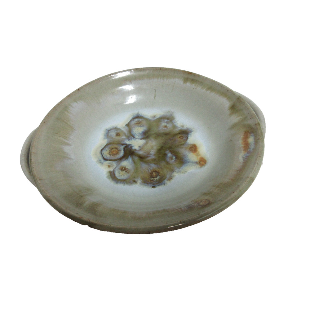 VTG Artisan Pottery Platter Blue Design Beige Decorative Handles Signed 10 x 9.5